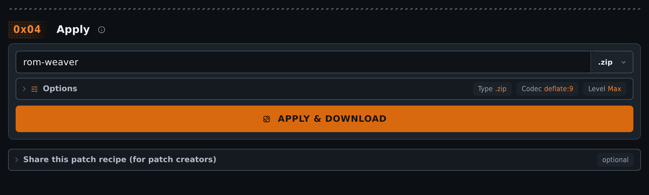 Cropped Apply output card with filename, format, options, and APPLY & DOWNLOAD button in the dark theme