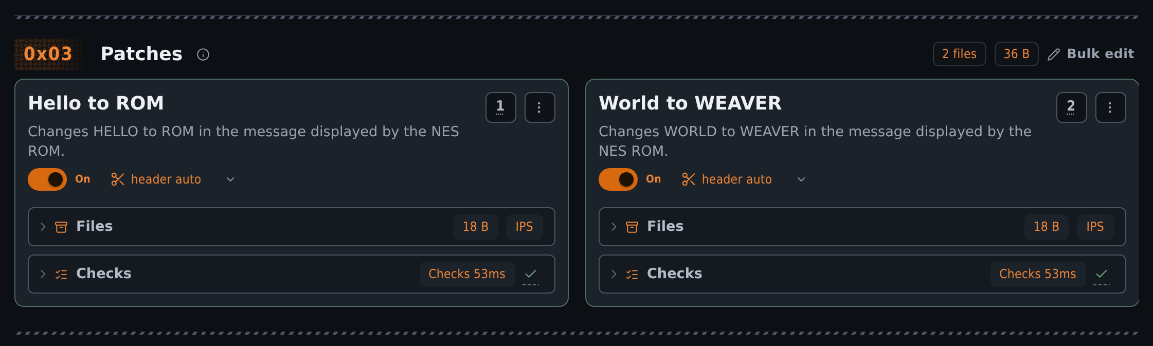 Cropped Apply patch stack with two ordered practice patches in the dark theme