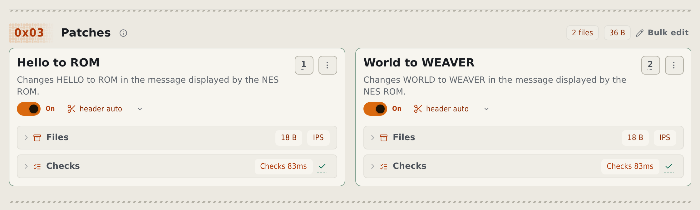 Cropped Apply patch stack with two ordered practice patches in the light theme