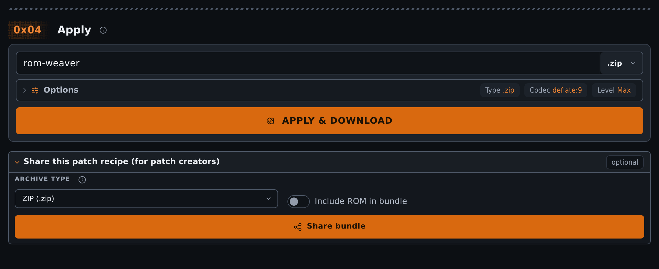 Cropped Apply output card with Bundle plus patches ZIP selected and the Create ZIP Bundle control in the dark theme