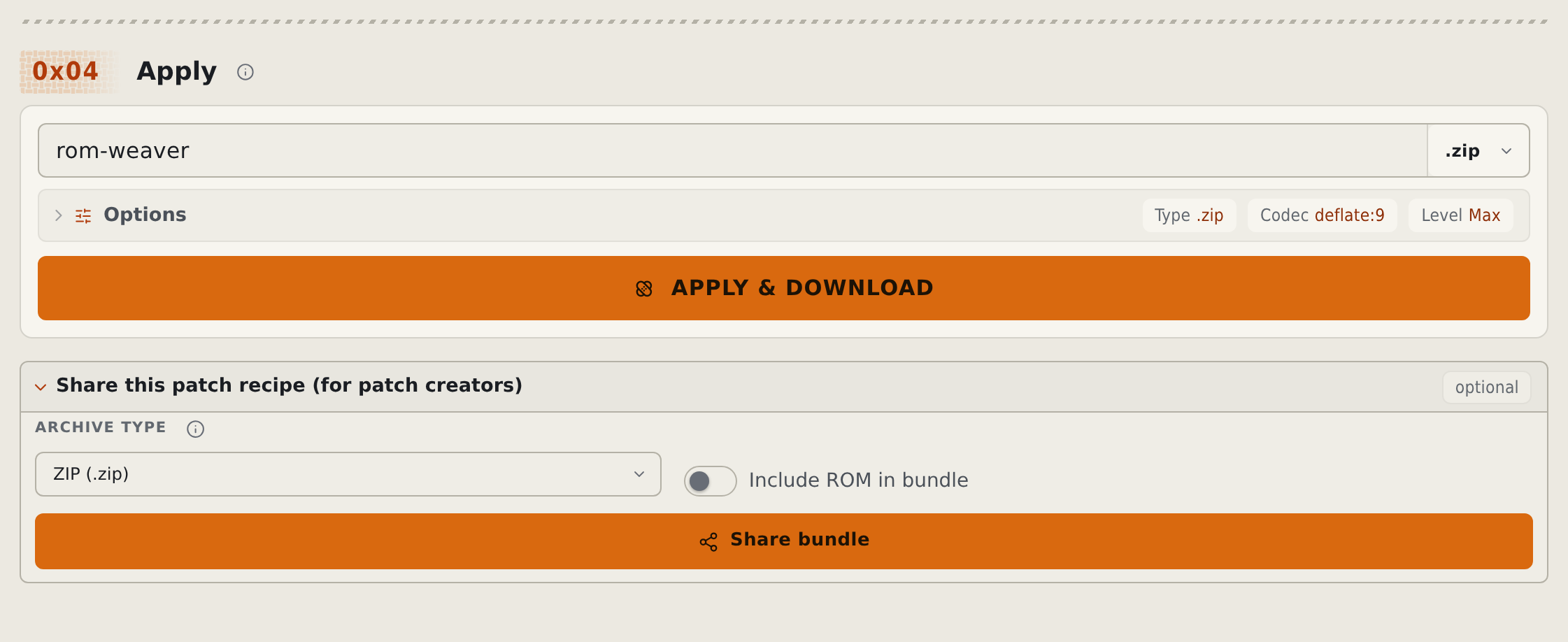 Cropped Apply output card with Bundle plus patches ZIP selected and the Create ZIP Bundle control in the light theme
