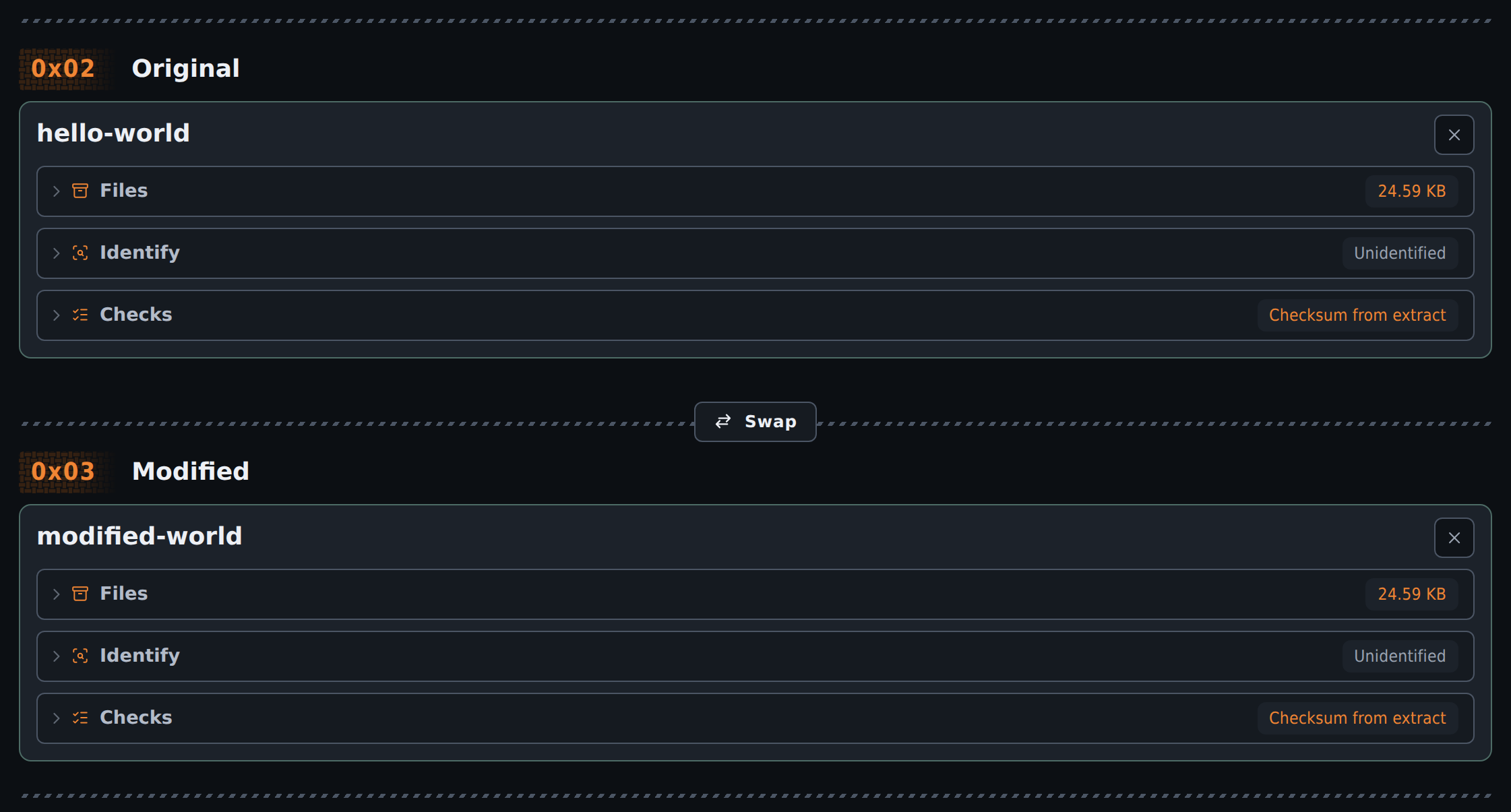 Cropped Create workflow showing the Original and Modified homebrew sample cards in the dark theme