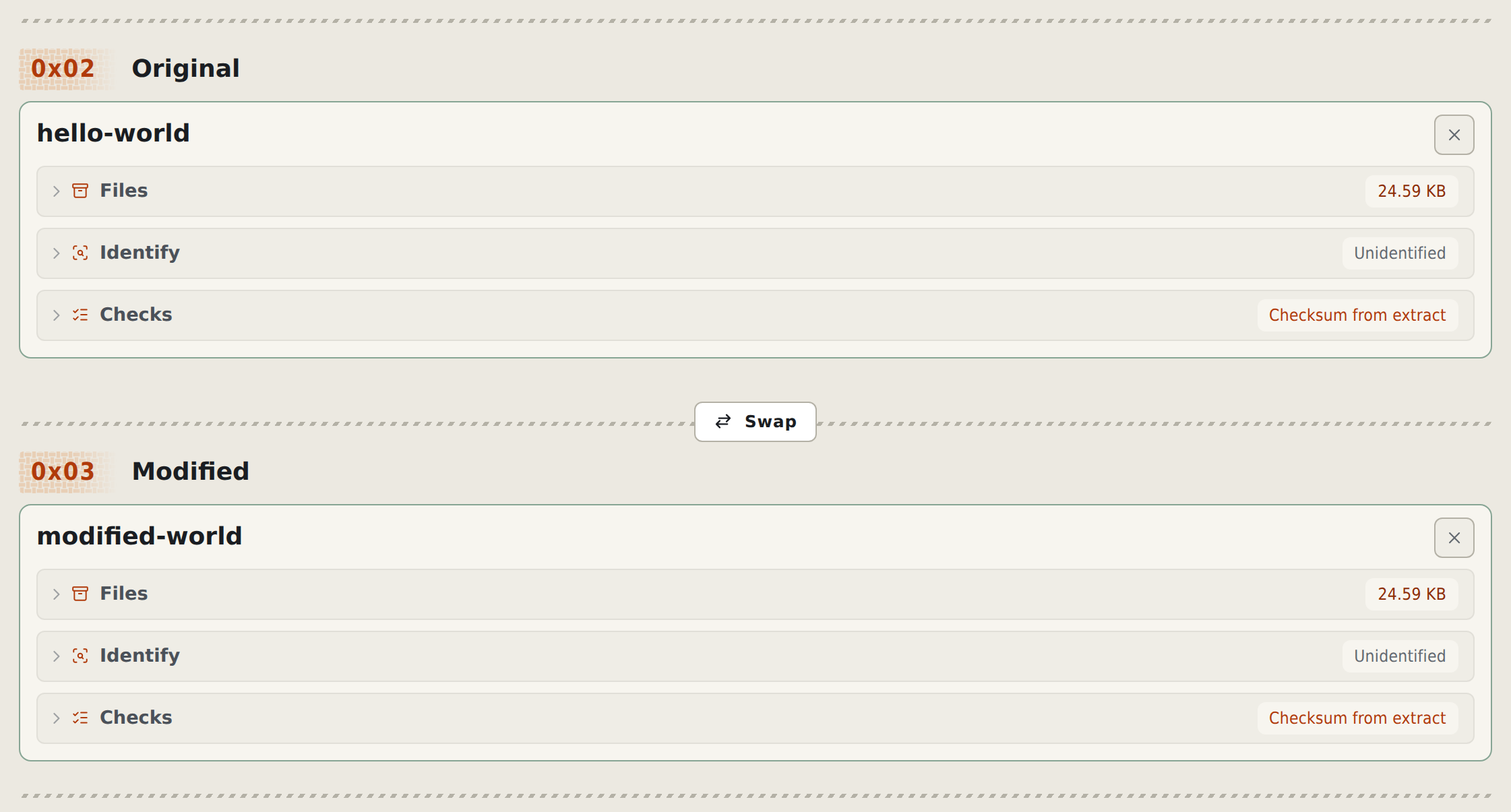 Cropped Create workflow showing the Original and Modified homebrew sample cards in the light theme