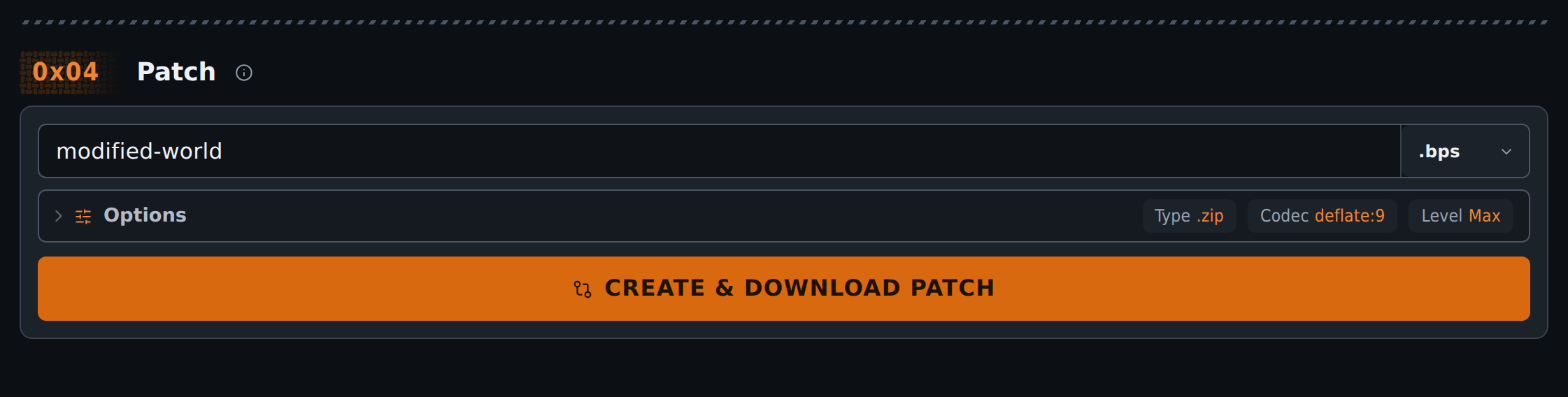 Cropped Create output card with patch name, BPS format, options, and CREATE & DOWNLOAD PATCH button in the dark theme