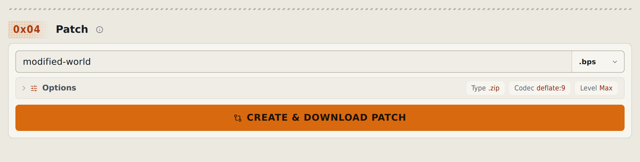 Cropped Create output card with patch name, BPS format, options, and CREATE & DOWNLOAD PATCH button in the light theme